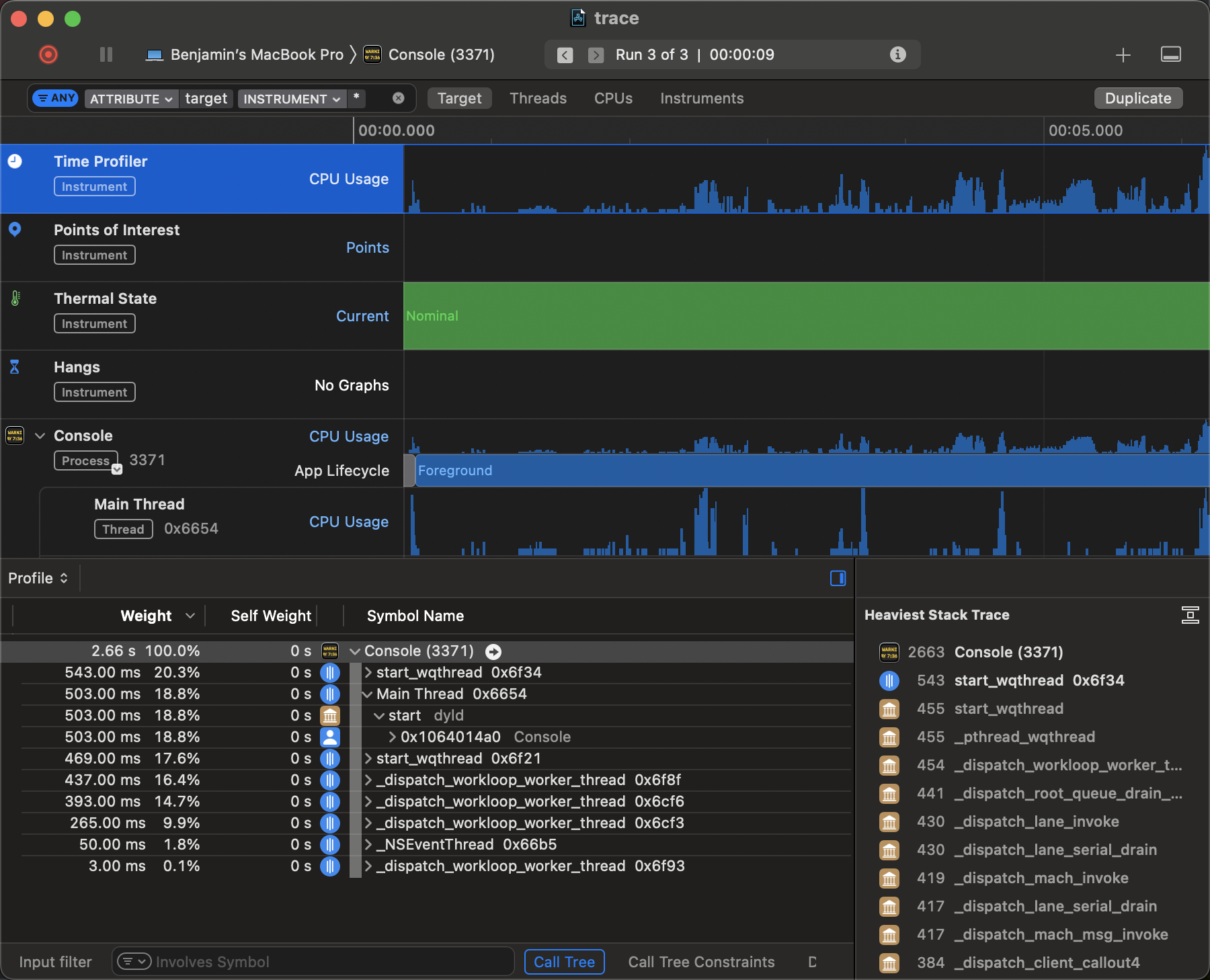 Time Profiler for Console app's main thread